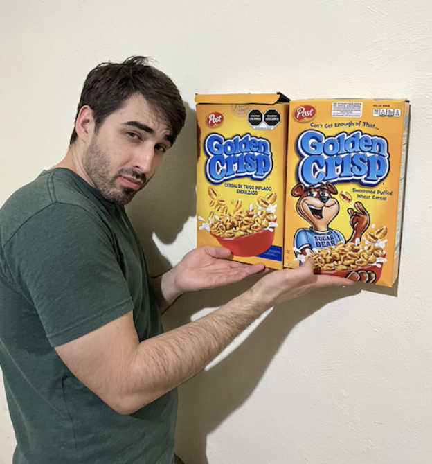 Golden Crisp cereal box, Mexican version and American version.