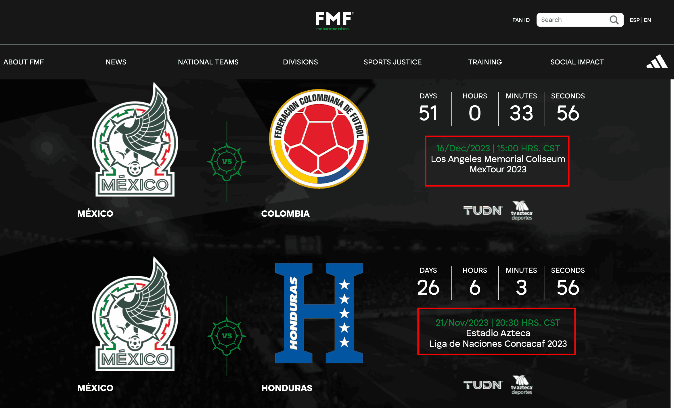 Mexico soccer official calendar illustrating when and where a match is taking place.