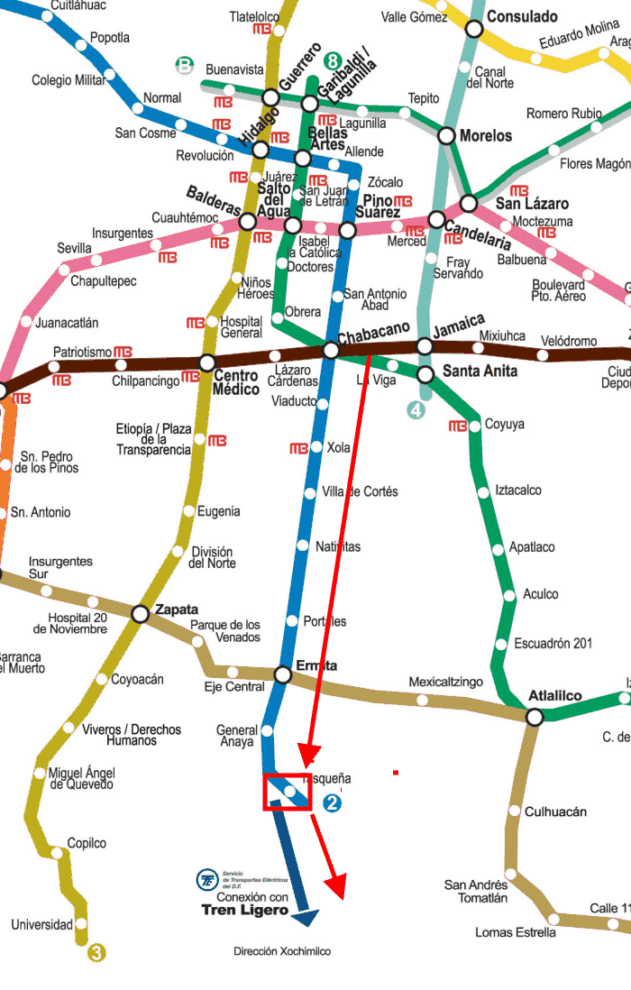 Línea 2 del metro to Taxqueña.