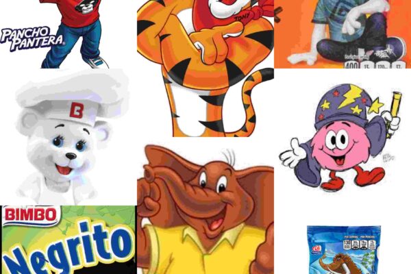 Collage of cereal, cakes and sweets mascots in Mexico.